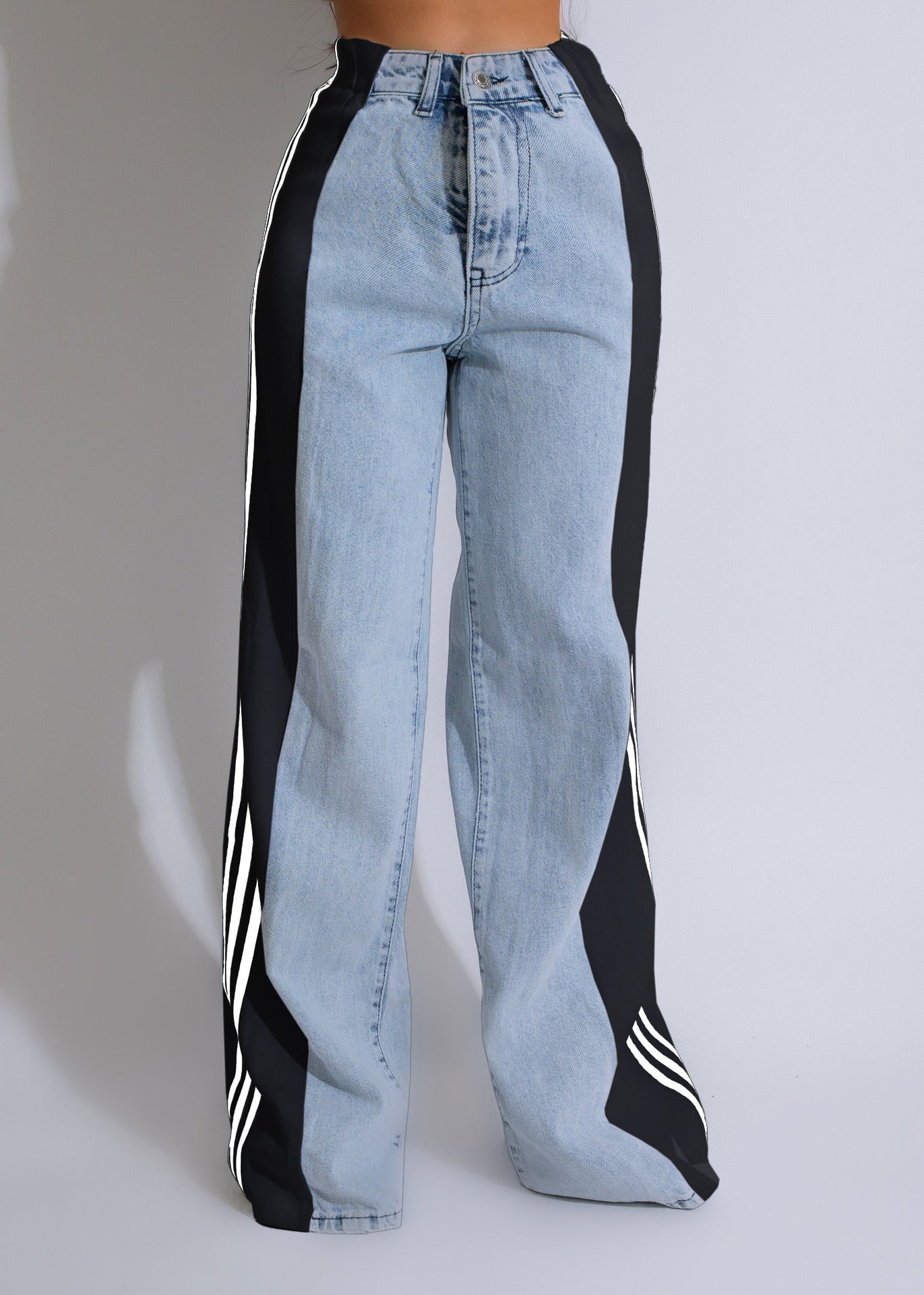 Fashion Casual High Waist Elastic Straight Leg Trousers Three Stripe Patchwork Denim