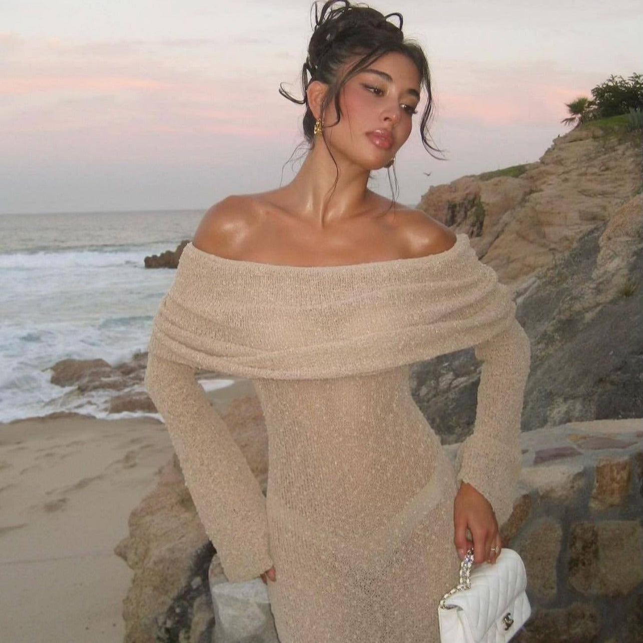 shoulder Knitted Long-sleeved Dress Sexy Beach Holiday Long Dresses