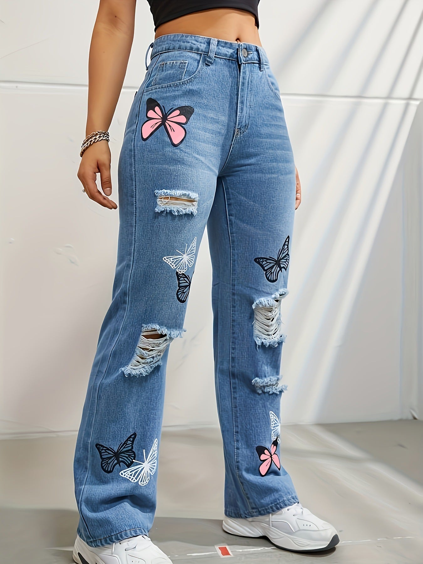 Trendy Butterfly Print Ripped Distressed Denim