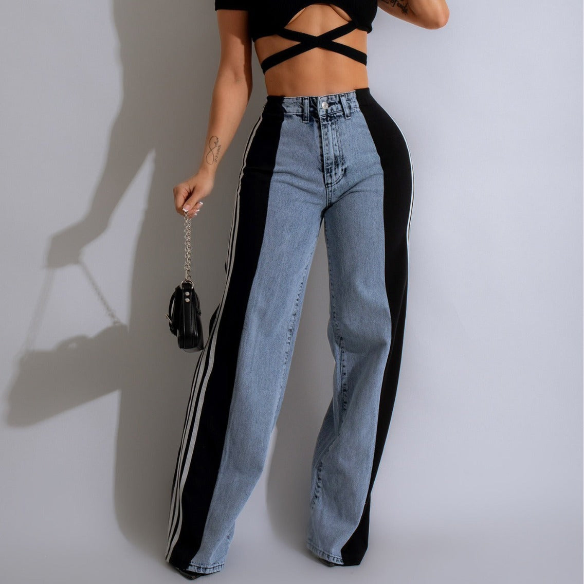 Fashion Casual High Waist Elastic Straight Leg Trousers Three Stripe Patchwork Denim