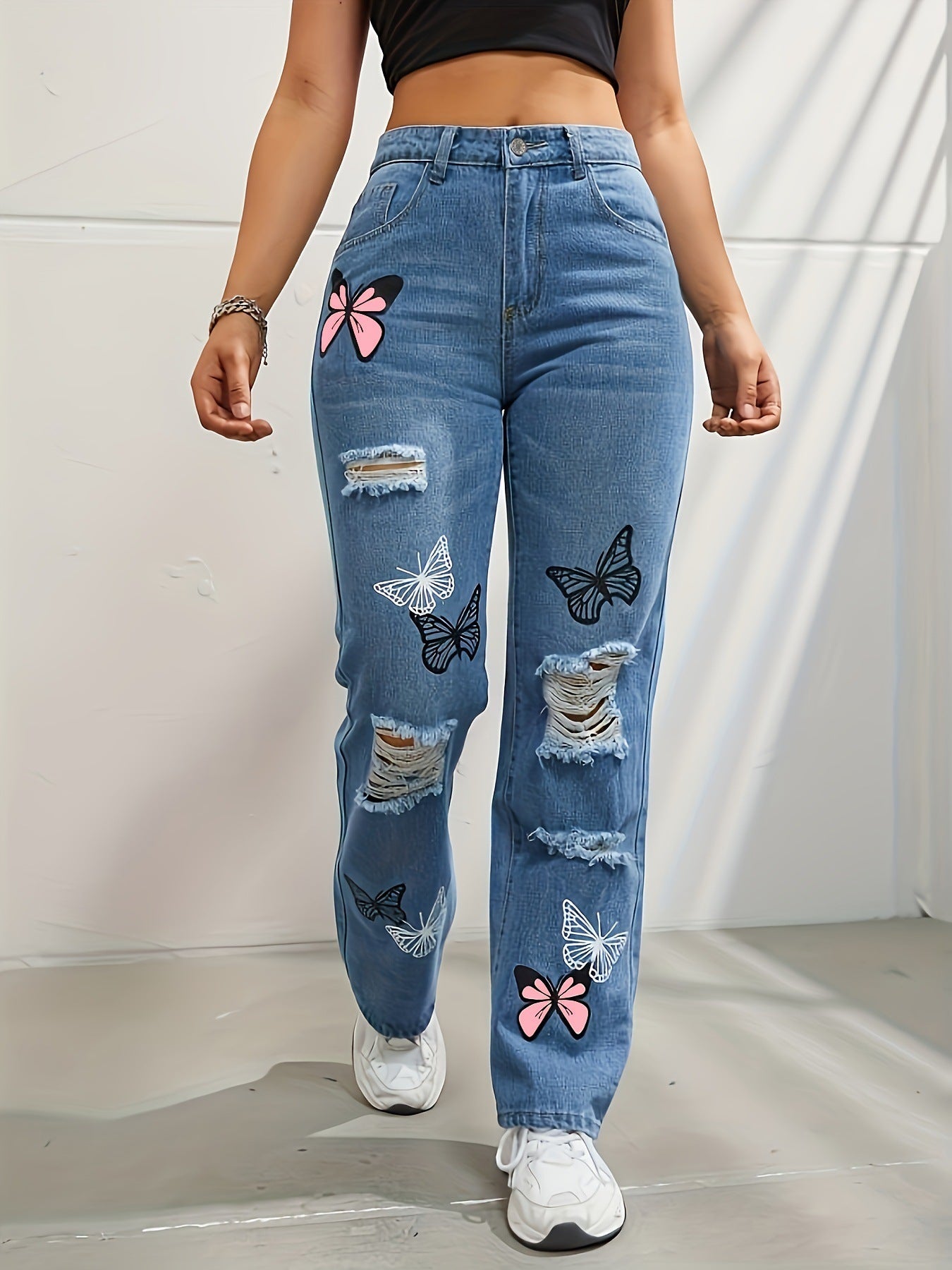 Trendy Butterfly Print Ripped Distressed Denim