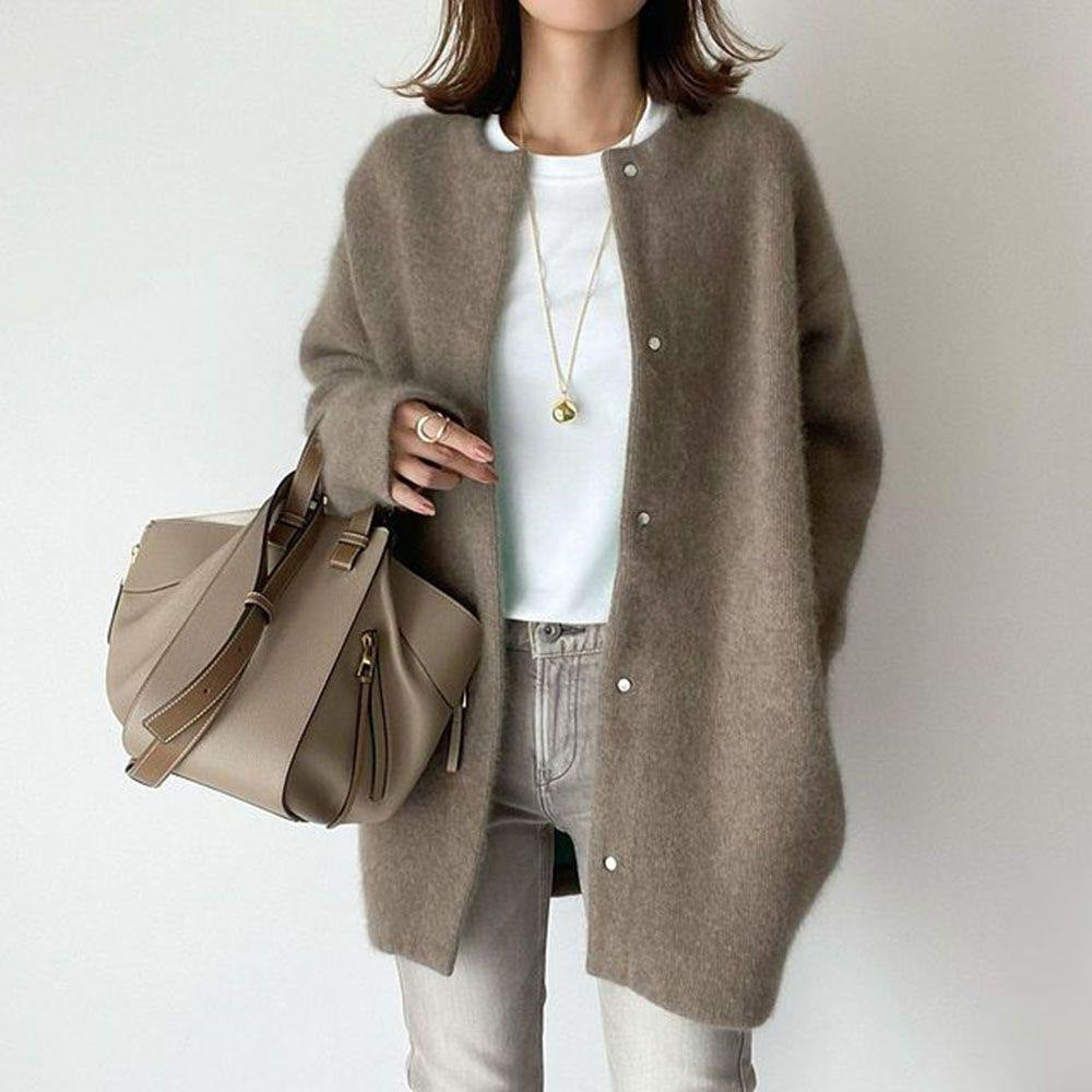 Loose Round Neck Single Breasted Cardigan Fashion Solid Color Coat Jacket Autumn