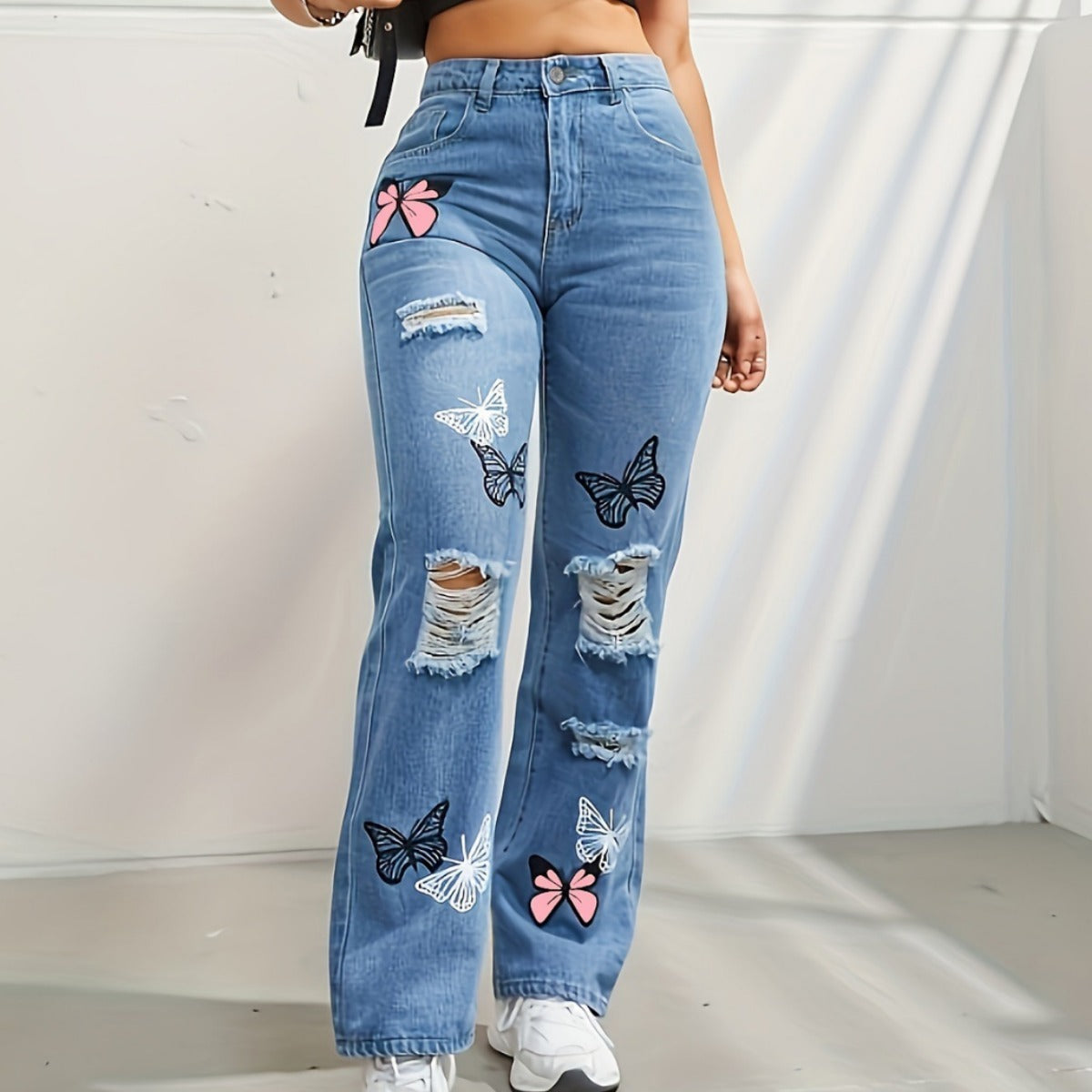 Trendy Butterfly Print Ripped Distressed Denim