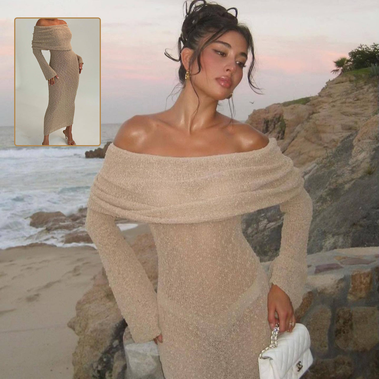 shoulder Knitted Long-sleeved Dress Sexy Beach Holiday Long Dresses