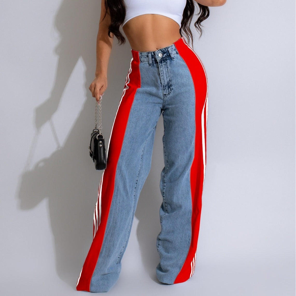 Fashion Casual High Waist Elastic Straight Leg Trousers Three Stripe Patchwork Denim