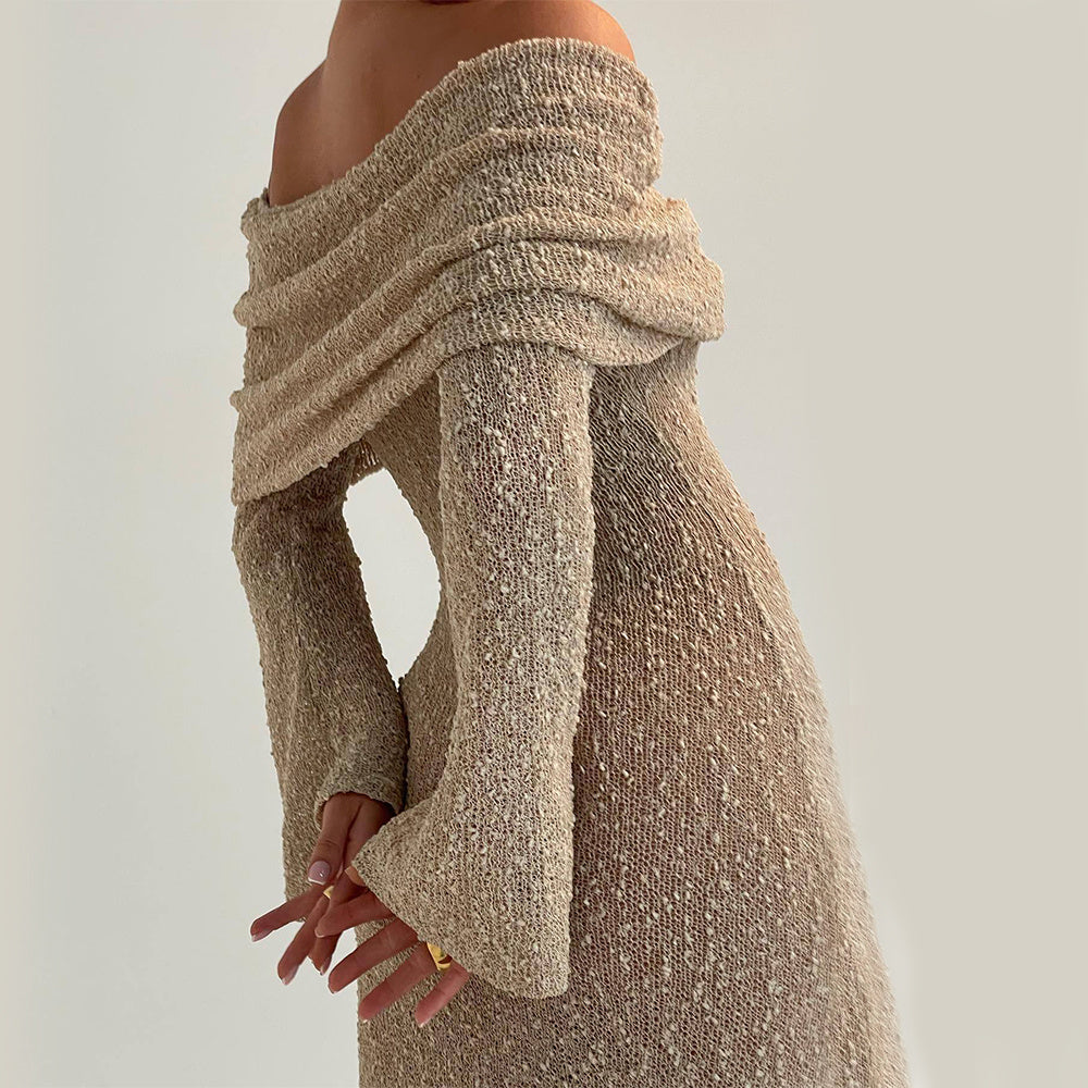 shoulder Knitted Long-sleeved Dress Sexy Beach Holiday Long Dresses