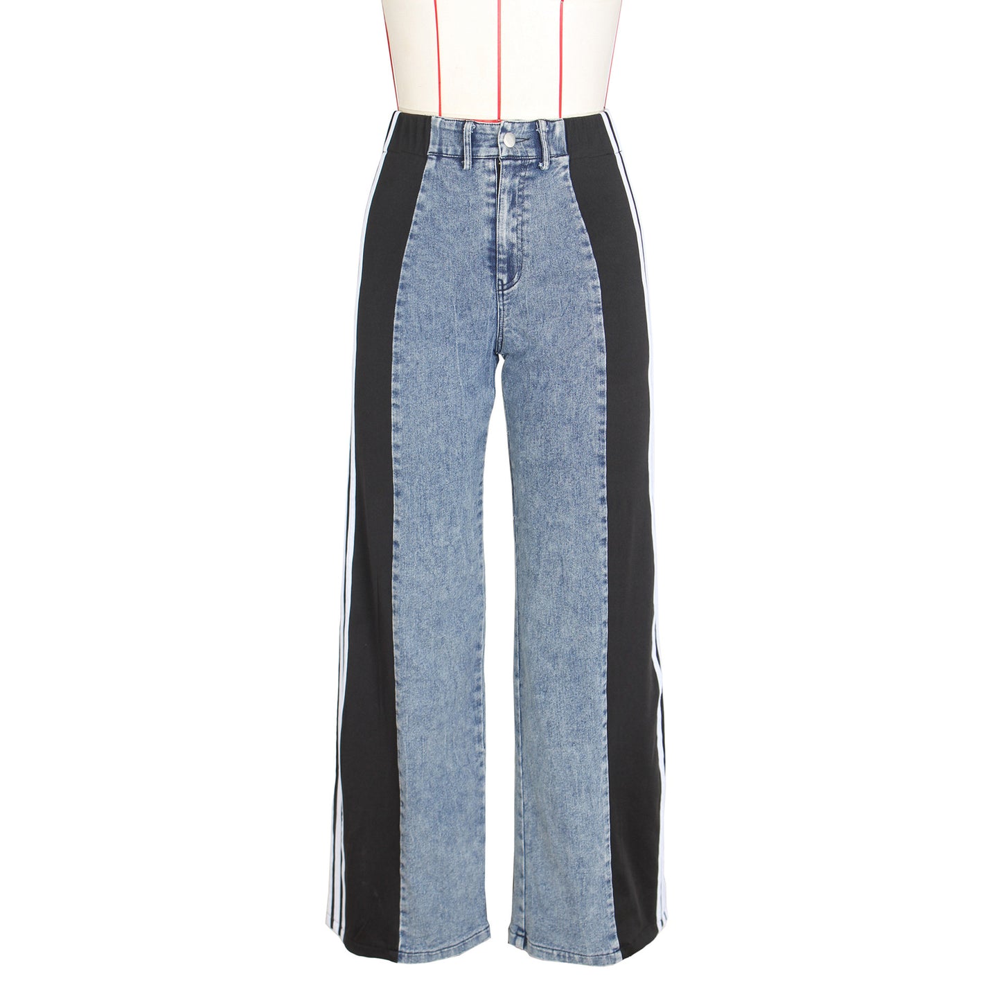 Fashion Casual High Waist Elastic Straight Leg Trousers Three Stripe Patchwork Denim