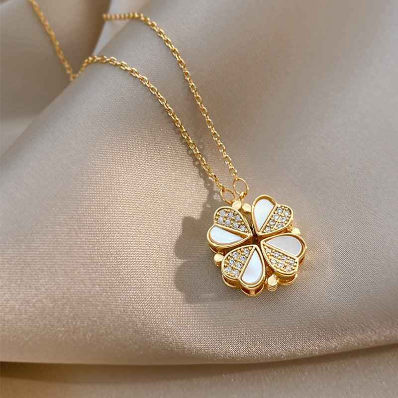 Luxury Four Leaf Clover Pendant Necklace Stainless Steel Crystal Heart Jewelry For Women