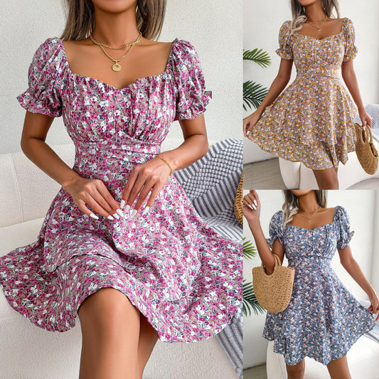 Dress Temperament Big Swing Loose Hem Flower Print Shirring Dress Up