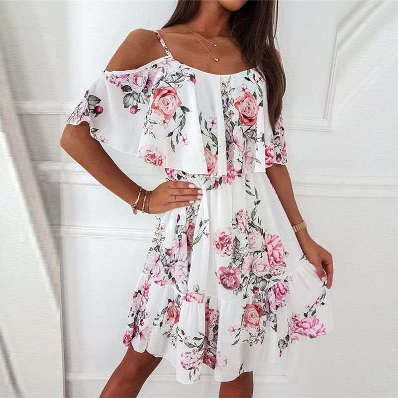 Flower Printed Ruffled Suspender Dress