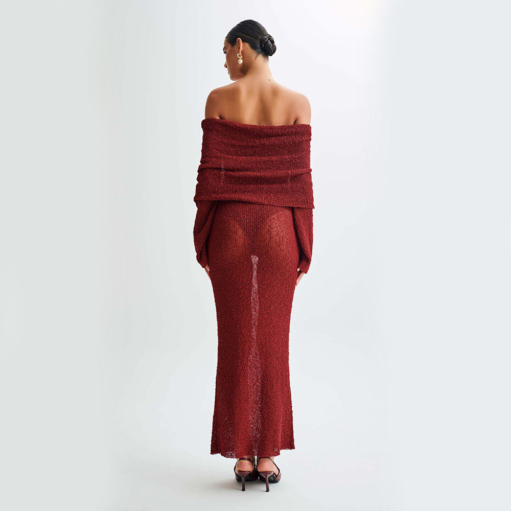 shoulder Knitted Long-sleeved Dress Sexy Beach Holiday Long Dresses