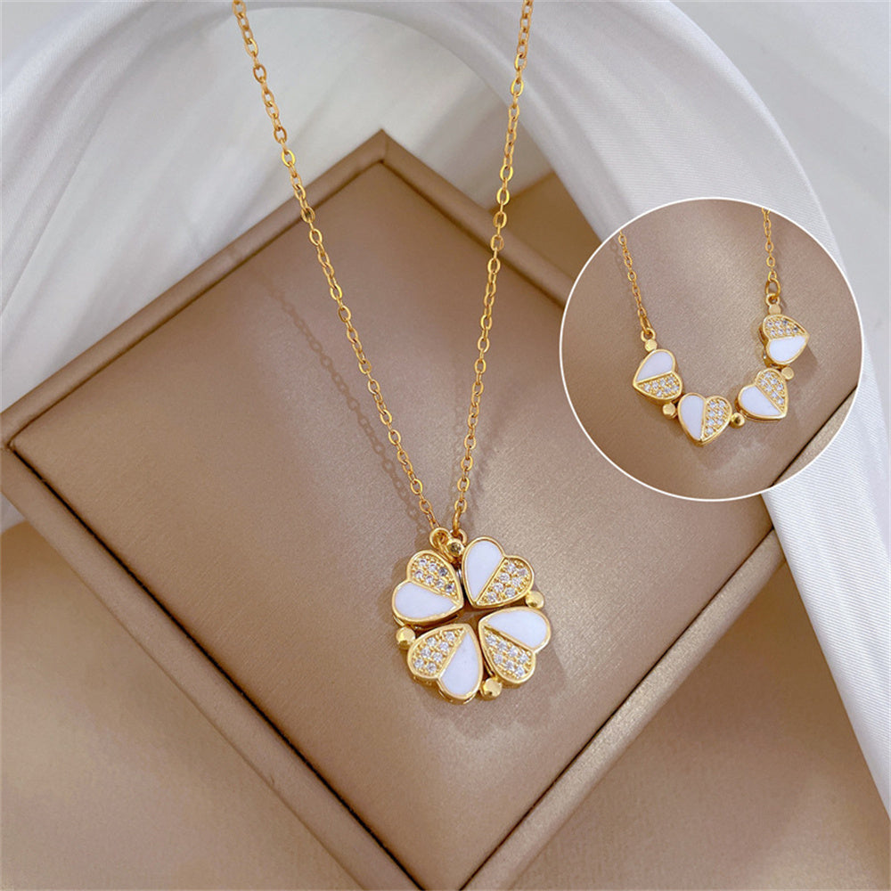 Luxury Four Leaf Clover Pendant Necklace Stainless Steel Crystal Heart Jewelry For Women