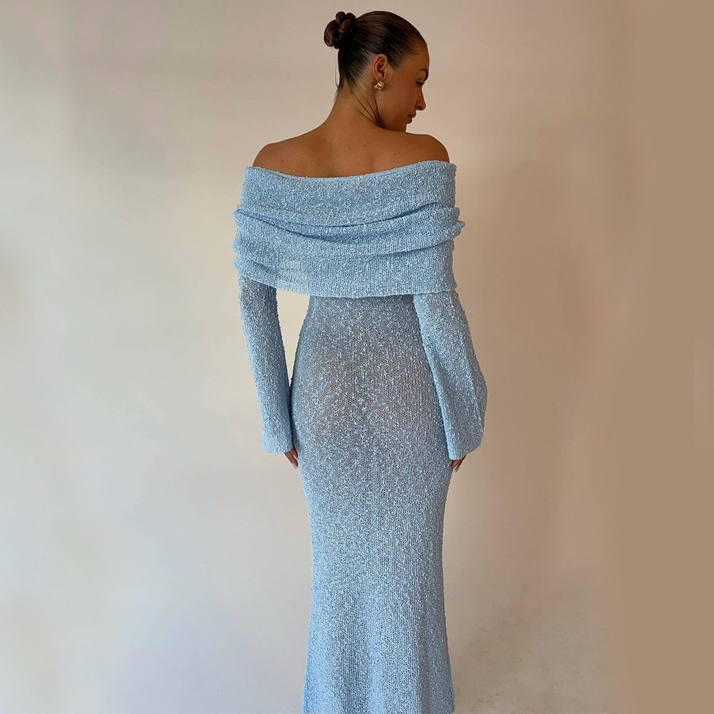 shoulder Knitted Long-sleeved Dress Sexy Beach Holiday Long Dresses