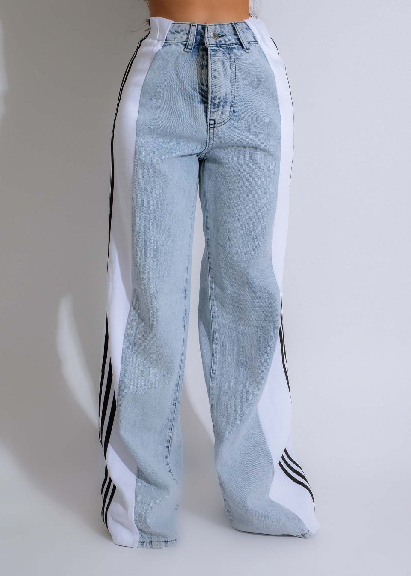 Fashion Casual High Waist Elastic Straight Leg Trousers Three Stripe Patchwork Denim