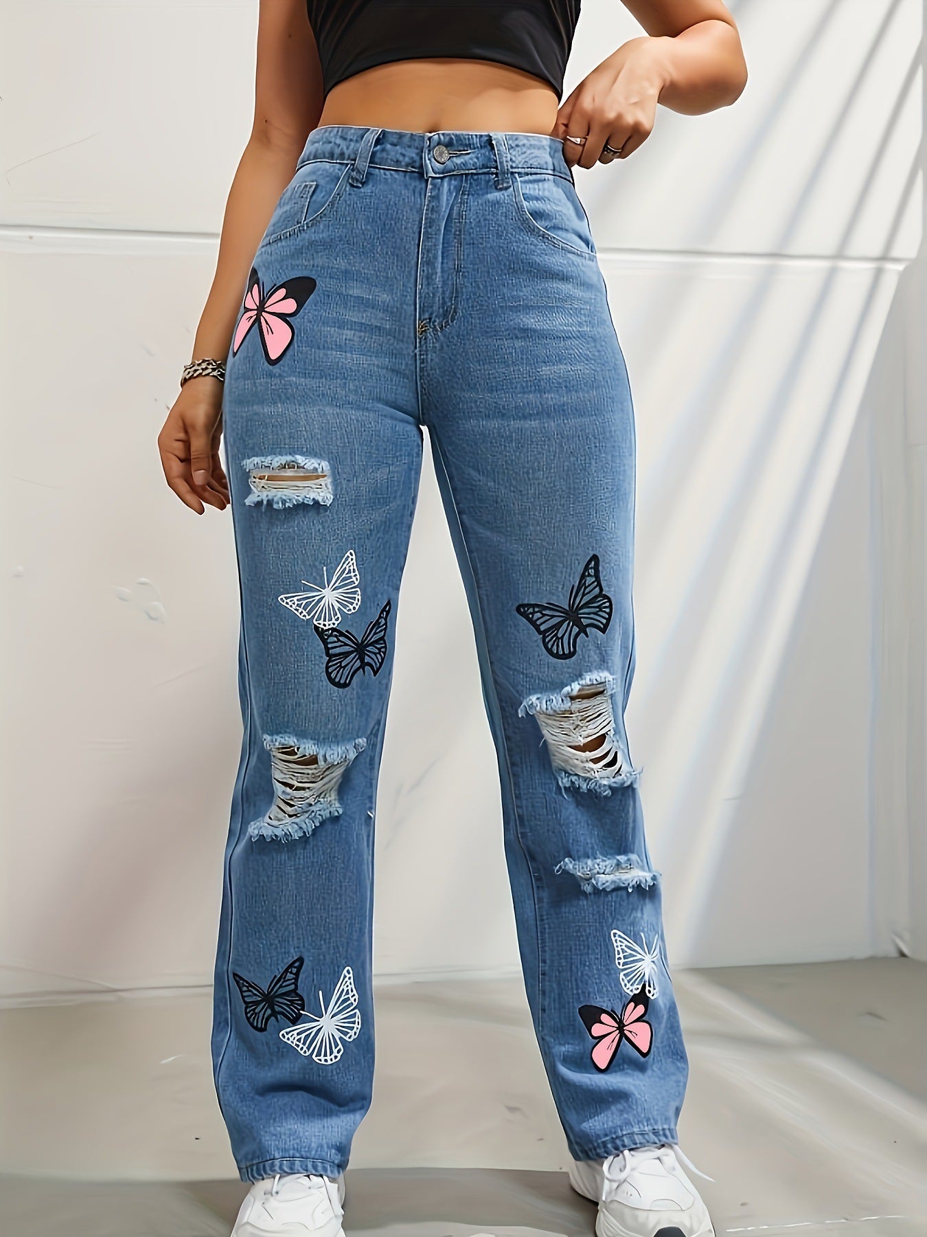 Trendy Butterfly Print Ripped Distressed Denim