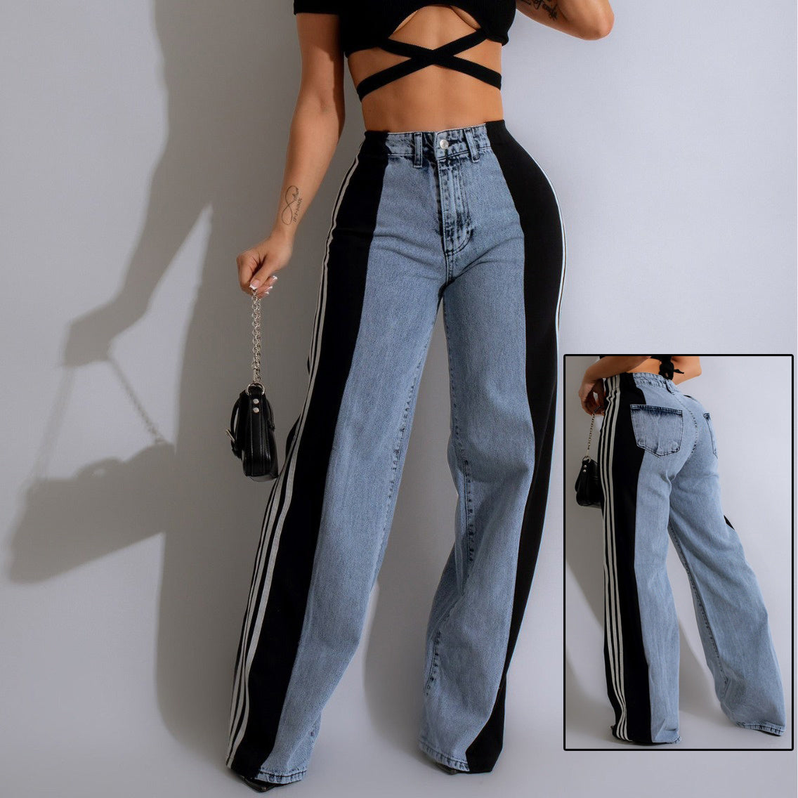 Fashion Casual High Waist Elastic Straight Leg Trousers Three Stripe Patchwork Denim