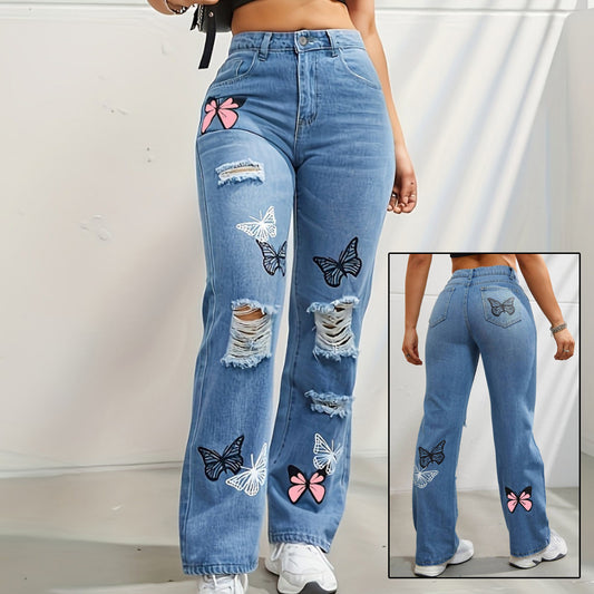 Trendy Butterfly Print Ripped Distressed Denim