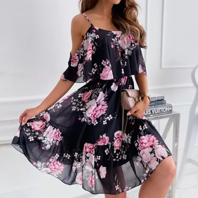 Flower Printed Ruffled Suspender Dress